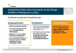 1       Konzepte

Unternehmen haben keine Instrumente um die Change-
Konflikte im Management zu lösen

Ein Beispiel konzeptioneller Herausforderungen

Ausgangssituation                                                     Komplikation                       LÖSUNGSANSATZ
> Früher war Konsens das Ziel                                         > "Alte" Interventionsstrategien   Das Management muss sich
> Interventionsstrategien setzten                                       funktionieren für diese Form     in Zukunft systematisch die
  auf ein Management der                                                der Konflikte nicht              nötige Fähigkeit erarbeiten,
  Überzeugung                                                                                            Konflikte machtvoll
                                                                      > Die Folge: Das change-willige    entscheiden zu können
> Heute gibt es vielfach keinen                                         Management kann die
  Konsens im Management                                                 potenziellen Störenfriede
                                                                        im Management nicht
> Change-Konflikte müssen auf                                           (rechtzeitig) identifizieren
  Managementebene in einem
  politischen Prozess
  entschieden werden


Quelle: Torsten Oltmanns und Daniel Nemeyer: Machtfrage Change 2010

                                                                                                                 Change_braucht_Macht_2010.pptx   18
 