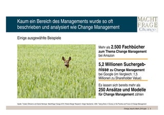 Kaum ein Bereich des Managements wurde so oft
beschrieben und analysiert wie Change Management

Einige ausgewählte Beispiele

                                                                                                                      Mehr als 2.500 Fachbücher
                                                                                                                      zum Thema Change Management
                                                                                                                      bei Amazon

                                                                                                                      5,2 Millionen Suchergeb-
                                                                                                                      nisse zu Change Management
                                                                                                                      bei Google (im Vergleich: 1,5
                                                                                                                      Millionen zu Shareholder Value)
                                                                                                                      Es lassen sich bereits mehr als
                                                                                                                      250 Ansätze und Modelle
                                                                                                                      für Change Management zählen

Quelle: Torsten Oltmanns und Daniel Nemeyer: Machtfrage Change 2010; Roland Berger Research; Holger Nauheimer. 2005: Taking Stock. A Survey on the Practice and Future of Change Management.

                                                                                                                                                          Change_braucht_Macht_2010.pptx       3
 