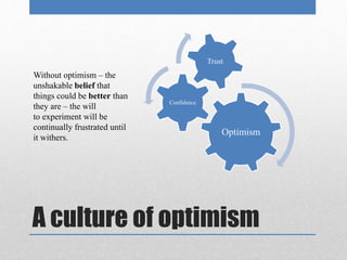 Trust 
Optimism 
Confidence 
Without optimism – the 
unshakable belief that 
things could be better than 
they are – the will 
to experiment will be 
continually frustrated until 
it withers. 
A culture of optimism 
 