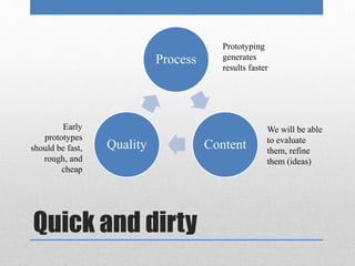 Process 
Quality Content 
Quick and dirty 
Prototyping 
generates 
results faster 
We will be able 
to evaluate 
them, refine 
them (ideas) 
Early 
prototypes 
should be fast, 
rough, and 
cheap 
 