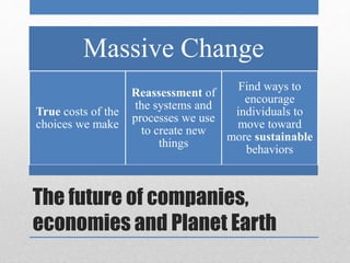 Massive Change 
True costs of the 
choices we make 
Reassessment of 
the systems and 
processes we use 
to create new 
things 
Find ways to 
encourage 
individuals to 
move toward 
more sustainable 
behaviors 
The future of companies, 
economies and Planet Earth 
 