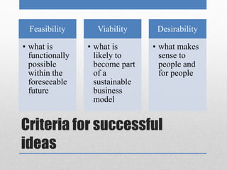 Feasibility 
• what is 
functionally 
possible 
within the 
foreseeable 
future 
Viability 
• what is 
likely to 
become part 
of a 
sustainable 
business 
model 
Desirability 
• what makes 
sense to 
people and 
for people 
Criteria for successful 
ideas 
 