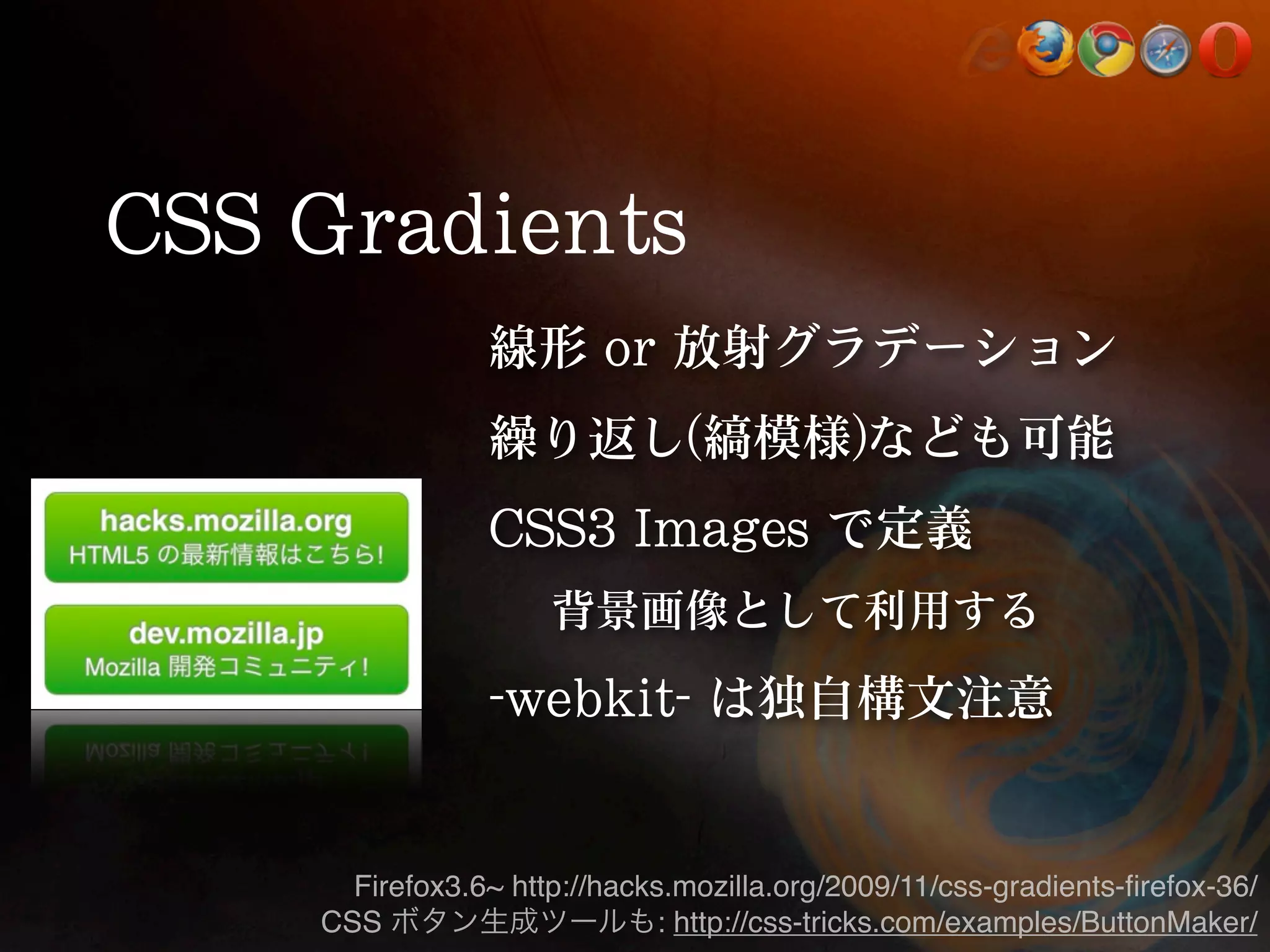 Firefox3.6~ http://hacks.mozilla.org/2009/11/css-gradients-ﬁrefox-36/ CSS : http://css-tricks.com/examples/ButtonMaker/ 