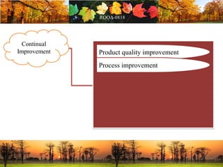 Continual
Improvement Product quality improvement
Process improvement
 