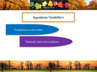 Ingredients Variability's
Excipients as root cause
Naturally derived excipients
 