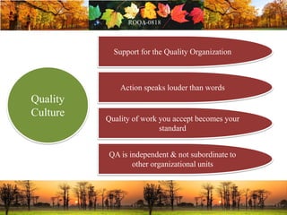Quality
Culture
Support for the Quality Organization
Action speaks louder than words
Quality of work you accept becomes your
standard
QA is independent & not subordinate to
other organizational units
 