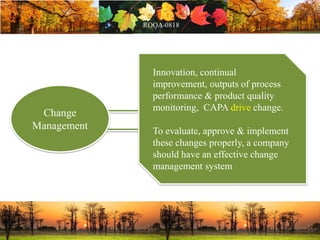 Innovation, continual
improvement, outputs of process
performance & product quality
monitoring, CAPA drive change.
To evaluate, approve & implement
these changes properly, a company
should have an effective change
management system
Change
Management
 