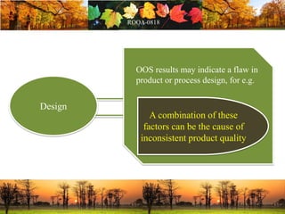 Design
OOS results may indicate a flaw in
product or process design, for e.g.
A combination of these
factors can be the cause of
inconsistent product quality
 
