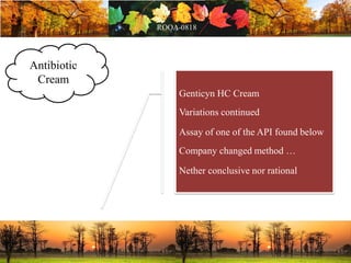 Antibiotic
Cream
Genticyn HC Cream
Variations continued
Assay of one of the API found below
Company changed method …
Nether conclusive nor rational
 