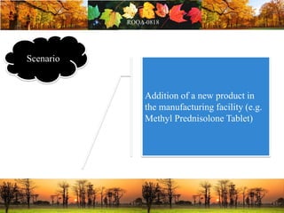 Scenario
Addition of a new product in
the manufacturing facility (e.g.
Methyl Prednisolone Tablet)
 
