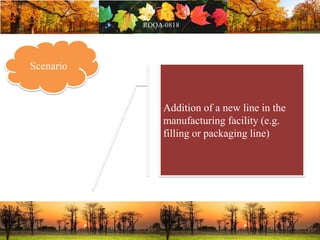Scenario
Addition of a new line in the
manufacturing facility (e.g.
filling or packaging line)
 