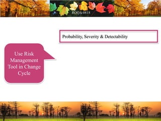 Probability, Severity & Detectability
Use Risk
Management
Tool in Change
Cycle
 