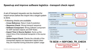 22PUBLIC© 2018 SAP SE or an SAP affiliate company. All rights reserved. ǀ
A set of transport requests can be checked for
import errors before the import into a target system
is done.
 Following checks are available:
– Cross Reference: Return Code 8 prediction
– Sequence Check: Wrong transport sequence
– Software Component: Wrong software component
for SAP standard objects and SAP Notes
– Import Time in Source System: Sums up the
import time of the individual transports in the source
system
– Online Import Check: Checks the criticality of the
transported objects and dependent objects when
they are imported during productive system usage
Speed-up and improve software logistics - transport check report
TX SE38 -> /SDF/CMO_TR_CHECK
‘Online Import Check’ Available
with ST-PI SP6
 