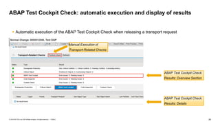 26PUBLIC© 2018 SAP SE or an SAP affiliate company. All rights reserved. ǀ
ABAP Test Cockpit Check: automatic execution and display of results
 Automatic execution of the ABAP Test Cockpit Check when releasing a transport request
Manual Execution of
Transport-Related Checks
ABAP Test Cockpit Check:
Results: Overview Section
ABAP Test Cockpit Check:
Results: Details
 