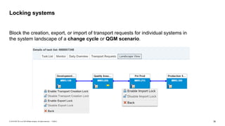 36PUBLIC© 2018 SAP SE or an SAP affiliate company. All rights reserved. ǀ
Locking systems
Block the creation, export, or import of transport requests for individual systems in
the system landscape of a change cycle or QGM scenario.
 