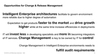 9PUBLIC© 2018 SAP SE or an SAP affiliate company. All rights reserved. ǀ
Opportunities for Change & Release Management
IT will invest less in developing specialists and more in becoming integrators
of IT services. Change Management is key to be owned by IT for control
Change Management in Intelligent Enterprise environments needs to
fulfill audit requirements
Expectation to get products faster to the market and drive growth
higher while at the same time increase efficiencies in deployments
Intelligent Enterprise architectures facilitate to govern environment
more reliable due to higher degree of automation
 
