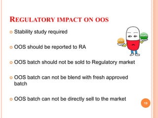 19
REGULATORY IMPACT ON OOS
 Stability study required
 OOS should be reported to RA
 OOS batch should not be sold to Regulatory market
 OOS batch can not be blend with fresh approved
batch
 OOS batch can not be directly sell to the market
 