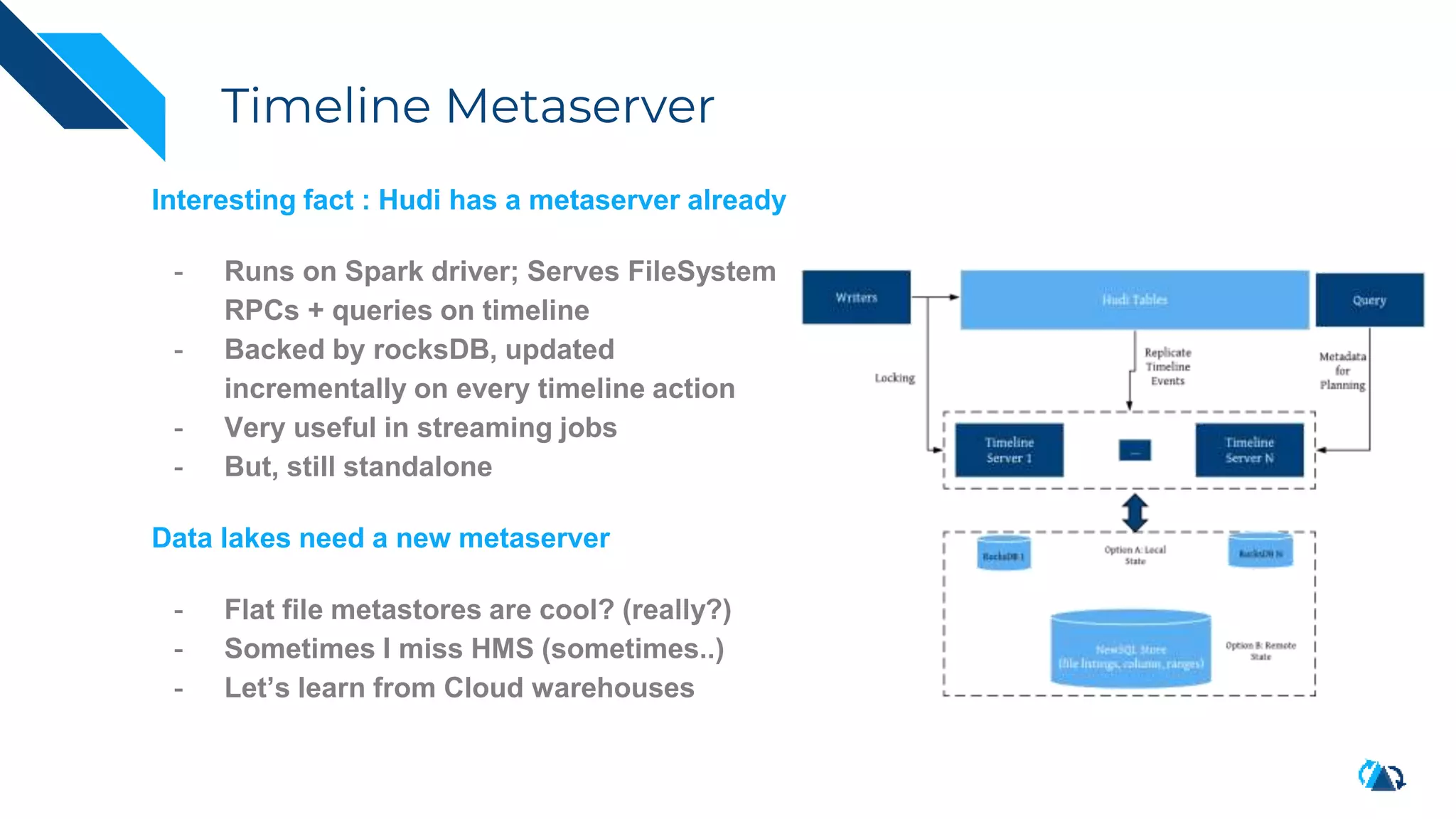 Timeline Metaserver
Interesting fact : Hudi has a metaserver already
- Runs on Spark driver; Serves FileSystem
RPCs + queries on timeline
- Backed by rocksDB, updated
incrementally on every timeline action
- Very useful in streaming jobs
- But, still standalone
Data lakes need a new metaserver
- Flat file metastores are cool? (really?)
- Sometimes I miss HMS (sometimes..)
- Let’s learn from Cloud warehouses
 