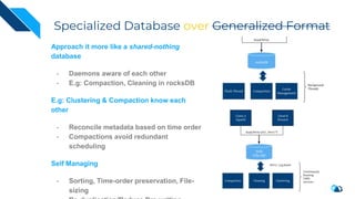 Specialized Database over Generalized Format
Approach it more like a shared-nothing
database
- Daemons aware of each other
- E.g: Compaction, Cleaning in rocksDB
E.g: Clustering & Compaction know each
other
- Reconcile metadata based on time order
- Compactions avoid redundant
scheduling
Self Managing
- Sorting, Time-order preservation, File-
sizing
 