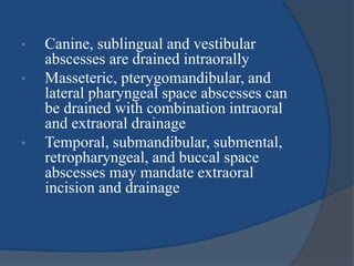 • Canine, sublingual and vestibular
abscesses are drained intraorally
• Masseteric, pterygomandibular, and
lateral pharyngeal space abscesses can
be drained with combination intraoral
and extraoral drainage
• Temporal, submandibular, submental,
retropharyngeal, and buccal space
abscesses may mandate extraoral
incision and drainage
 