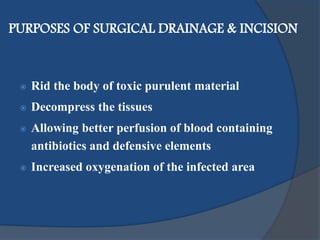 PURPOSES OF SURGICAL DRAINAGE & INCISION
 Rid the body of toxic purulent material
 Decompress the tissues
 Allowing better perfusion of blood containing
antibiotics and defensive elements
 Increased oxygenation of the infected area
 