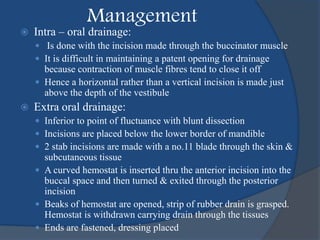 Management
 Intra – oral drainage:
 Is done with the incision made through the buccinator muscle
 It is difficult in maintaining a patent opening for drainage
because contraction of muscle fibres tend to close it off
 Hence a horizontal rather than a vertical incision is made just
above the depth of the vestibule
 Extra oral drainage:
 Inferior to point of fluctuance with blunt dissection
 Incisions are placed below the lower border of mandible
 2 stab incisions are made with a no.11 blade through the skin &
subcutaneous tissue
 A curved hemostat is inserted thru the anterior incision into the
buccal space and then turned & exited through the posterior
incision
 Beaks of hemostat are opened, strip of rubber drain is grasped.
Hemostat is withdrawn carrying drain through the tissues
 Ends are fastened, dressing placed
 