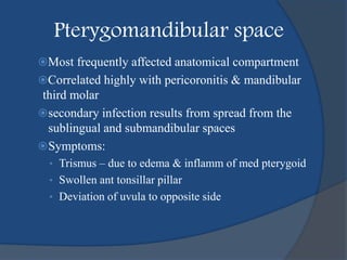 Pterygomandibular space
Most frequently affected anatomical compartment
Correlated highly with pericoronitis & mandibular
third molar
secondary infection results from spread from the
sublingual and submandibular spaces
Symptoms:
• Trismus – due to edema & inflamm of med pterygoid
• Swollen ant tonsillar pillar
• Deviation of uvula to opposite side
 