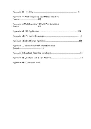 Appendix III: Five Why s..................................................................................101
Appendix IV: Multidisciplinary ECMO Pre Simulation
Survey.....................................102
Appendix V: Multidisciplinary ECMO Post Simulation
Survey.....................................103
Appendix VI: IRB Application............................................................................104
Appendix VII: Pre Survey Responses...................................................................114
Appendix VIII: Post Survey Responses.................................................................115
Appendix IX: Satisfaction with Current Simulation
Format..........................................116
Appendix X: Feedback Regarding Simulation.........................................................117
Appendix XI: Questions 1 10 T Test Analysis.........................................................118
Appendix XII: Cumulative Mean
 