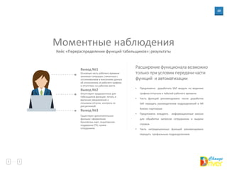 10
Кейс «Перераспределение функций табельщиков»: результаты
Моментные наблюдения
Основную часть рабочего времени
занимают операции, связанные с
отслеживанием и внесением данных
об отклонениях от рабочего графика
и отсутствии на рабочем месте.
Вывод №1
Отсутствуют традиционные для
табельщиков функции: печать и
вручение уведомлений о
плановом отпуске, контроль за
дисциплиной.
Вывод №2
Вывод №3
Расширение функционала возможно
только при условии передачи части
функций и автоматизации
• Предложено доработать SAP модуль по ведению
графика отпусков и табелей рабочего времени
• Часть функций рекомендовано после доработки
SAP передать руководителям подразделений и HR
бизнес-партнерам
• Предложено внедрить информационные киоски
для обработки запросов сотрудников и выдачи
справок
• Часть нетрадиционных функций рекомендовано
передать профильным подразделениям
Существуют дополнительные
функции: оформление
банковских карт, секретарская
поддержка СТК, прием
сотрудников
 