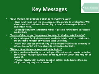 Key Messages
• “Your change can produce a change in student’s lives”
– Gives faculty and staff the encouragement to donate to scholarships. Will
show them that their contribution, big or small, can solve problems for
students in need.
– Donating to student scholarship makes it possible for students to succeed
academically
• “Foster philanthropy through involvement in student scholarships”
– Aims to inspire faculty involvement in scholarship in order to contribute to
the charitable mindset of Westfield State University.
– Proves that they can show charity to the university while also donating to
scholarships which will help students succeed academically.
• “There’s more than one way to donate today”
– Aims to educate faculty on the multiple different ways to donate to student
scholarships. Multiple options for donating, some of which they may not be
aware of.
– Provides faculty with multiple donation options and educates them on
things that they may not be aware of.
 