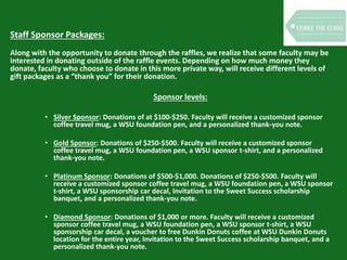 Staff Sponsor Packages:
Along with the opportunity to donate through the raffles, we realize that some faculty may be
interested in donating outside of the raffle events. Depending on how much money they
donate, faculty who choose to donate in this more private way, will receive different levels of
gift packages as a “thank you” for their donation.
Sponsor levels:
• Silver Sponsor: Donations of at $100-$250. Faculty will receive a customized sponsor
coffee travel mug, a WSU foundation pen, and a personalized thank-you note.
• Gold Sponsor: Donations of $250-$500. Faculty will receive a customized sponsor
coffee travel mug, a WSU foundation pen, a WSU sponsor t-shirt, and a personalized
thank-you note.
• Platinum Sponsor: Donations of $500-$1,000. Donations of $250-$500. Faculty will
receive a customized sponsor coffee travel mug, a WSU foundation pen, a WSU sponsor
t-shirt, a WSU sponsorship car decal, Invitation to the Sweet Success scholarship
banquet, and a personalized thank-you note.
• Diamond Sponsor: Donations of $1,000 or more. Faculty will receive a customized
sponsor coffee travel mug, a WSU foundation pen, a WSU sponsor t-shirt, a WSU
sponsorship car decal, a voucher to free Dunkin Donuts coffee at WSU Dunkin Donuts
location for the entire year, Invitation to the Sweet Success scholarship banquet, and a
personalized thank-you note.
 