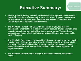 Executive Summary:
• Alumni, parents, faculty and staff, and others have supported the mission of
Westfield State since our founding in 1838. For over 175 years, support from
sources other than tuition, fees, and room and board has sustained our
University and has helped us transform lives.
• The Westfield Foundation began with a donation of $10,000 that first
established our school back in the 19th Century because it was believed higher
education was important and critical to our young nation. The continued
support today harkens back to that generosity and is even more essential in
the 21st Century
• The Westfield Fund supports scholarship assistance, student grants and faculty
development, facilities upgrades, athletics, library acquisitions, financial aid,
and more. The Westfield Foundation awards students with merit or need
based scholarships each year to allow students to lessen the high costs of
higher education.
• The Westfield Foundation has over $6.5 million endowment with over 92
funds.
 