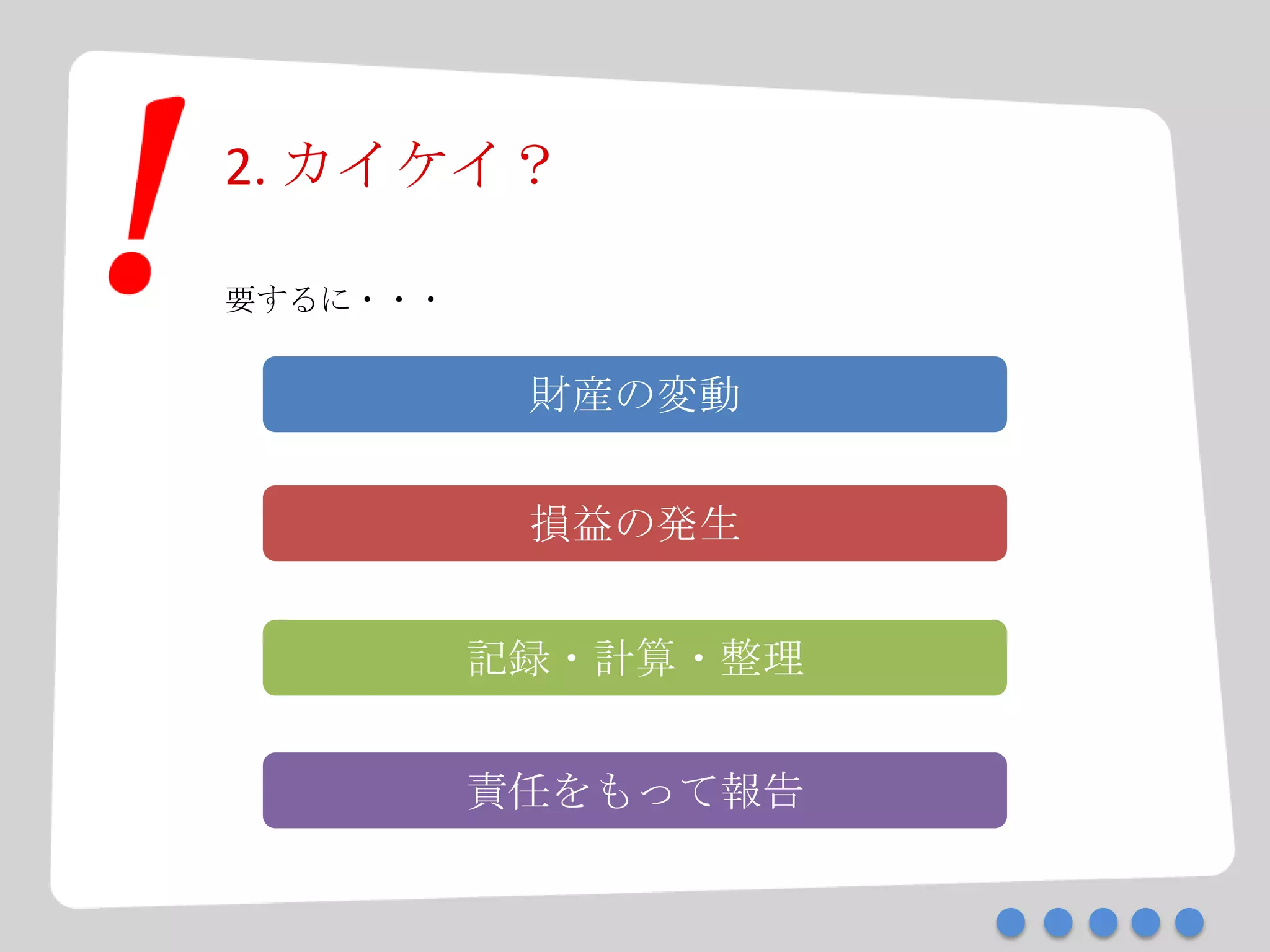 2. カイケイ？
財産の変動
要するに・・・
損益の発生
記録・計算・整理
責任をもって報告
 