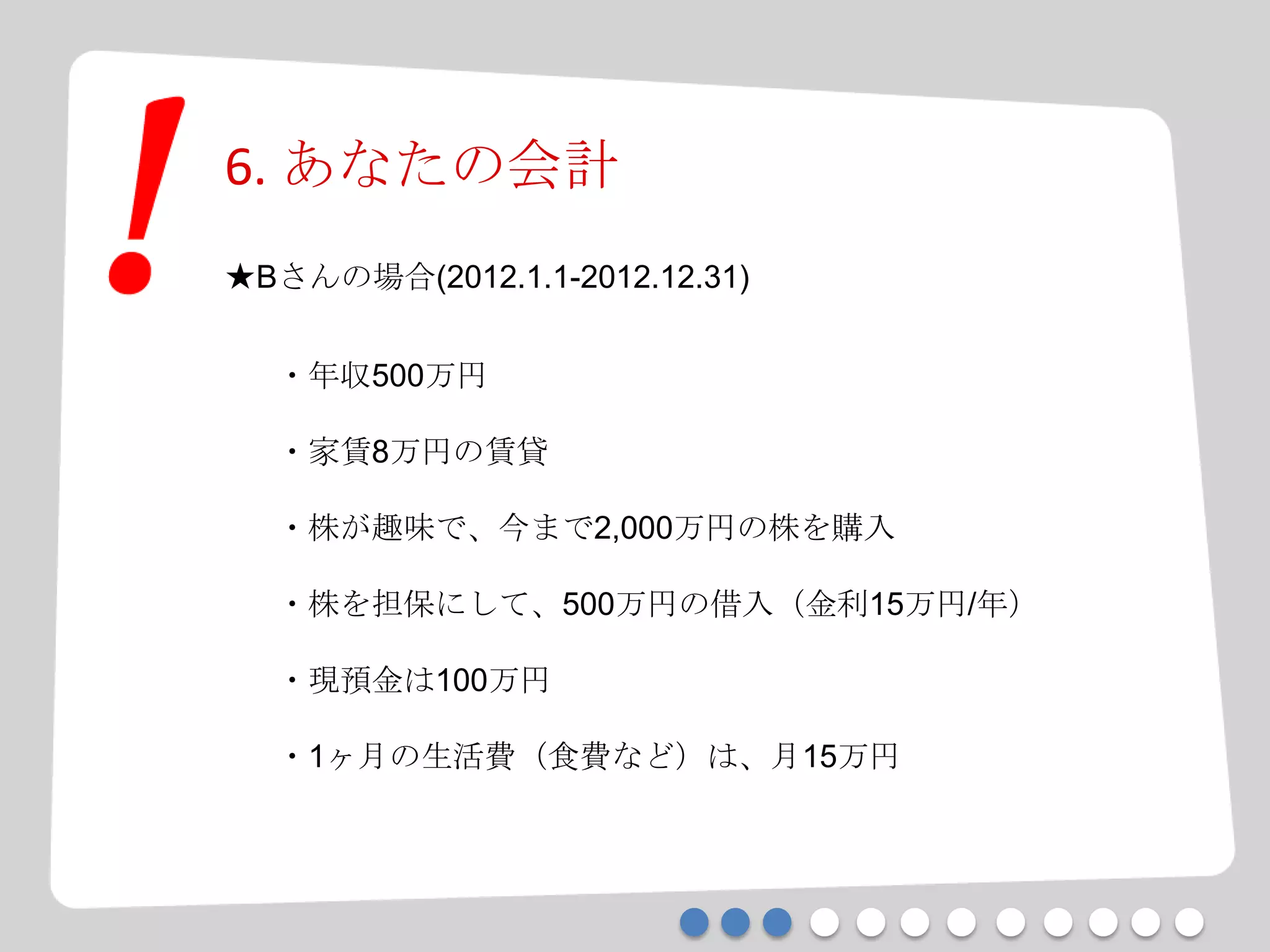 6. あなたの会計
★Bさんの場合(2012.1.1-2012.12.31)
・年収500万円
・家賃8万円の賃貸
・株が趣味で、今まで2,000万円の株を購入
・株を担保にして、500万円の借入（金利15万円/年）
・現預金は100万円
・1ヶ月の生活費（食費など）は、月15万円
 