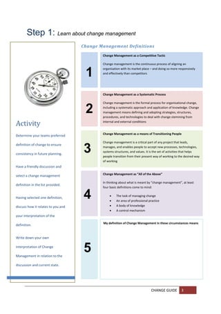 Step 1: Learn about change management
                                      Change	Management	Definitions		

                                                  Change Management as a Competitive Tactic 

                                                  Change management is the continuous process of aligning an 


                                              1
                                                  organisation with its market place – and doing so more responsively 
                                                  and effectively than competitors 


                                       

                                                  Change Management as a Systematic Process 

                                                  Change management is the formal process for organisational change, 

                                              2   including a systematic approach and application of knowledge. Change 
                                                  management means defining and adopting strategies, structures, 
                                                  procedures, and technologies to deal with change stemming from 

Activity	                                         internal and external conditions 


                                                  Change Management as a means of Transitioning People 
Determine your teams preferred 
                                                  Change management is a critical part of any project that leads, 
definition of change to ensure 

consistency in future planning. 
                                          3       manages, and enables people to accept new processes, technologies, 
                                                  systems structures, and values. It is the set of activities that helps 
                                                  people transition from their present way of working to the desired way 
                                                  of working 
Have a friendly discussion and 
                                       
                                                  Change Management as “All of the Above” 
select a change management 
         
                                           
                                                  In thinking about what is meant by “change management”, at least 
definition in the list provided.   
         
                                                  four basic definitions come to mind: 

         
Having selected one definition,           4           
                                                      
                                                           The task of managing change 
                                                           An area of professional practice 
         
discuss how it relates to you and                         A body of knowledge 
                                       
                                                          A control mechanism 
        
your interpretation of the             
         
definition.                                       My definition of Change Management in these circumstances means 
                                       
                                                   
Write down your own                    
         
interpretation of Change 
         
Management in relation to the 
                                       

                                       
                                          5
         
discussion and current state.          
         
                                       
         

                                                                                     CHANGE GUIDE  3 
         
         
 