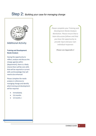 Step 2: Building your case for managing change
         

         

                                          Please complete your Training and 
                                             Development Needs Analysis 
                                           Worksheet. Please ensure that a 
                                           team discussion follows and that 
         
                                             you have the opportunity to 
                                             provide input and your own 
Additional Activity 
                                                 individual responses 
                                                             
       
Training and Development                        Please see Appendix C 
       
Needs Analysis 

         
Having the opportunity to 
reflect, analyse and discuss the 
         
change agenda within 
[department], there is a likely 
         
chance there will be core skills 
         
that will be required or current 
skills and knowledge that will 
         
need to be enhanced. 
         
Please complete the needs 
analysis in reference to 
         
managing change and identify 
         
what training and development 
will be required: 
         
       Immediately 
     3‐6 months 
       12 months +  
         
       
 
         
     
         

         

         

         
                                                           CHANGE GUIDE  9 
         
         
 