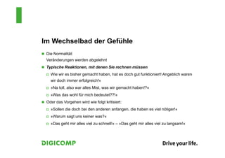 Im Wechselbad der Gefühle
 Die Normalität:
Veränderungen werden abgelehnt
 Typische Reaktionen, mit denen Sie rechnen müssen
 Wie wir es bisher gemacht haben, hat es doch gut funktioniert! Angeblich waren
wir doch immer erfolgreich!«
 »Na toll, also war alles Mist, was wir gemacht haben!?«
 »Was das wohl für mich bedeutet??!«
 Oder das Vorgehen wird wie folgt kritisiert:
 »Sollen die doch bei den anderen anfangen, die haben es viel nötiger!«
 »Warum sagt uns keiner was?«
 »Das geht mir alles viel zu schnell!« – »Das geht mir alles viel zu langsam!«
 