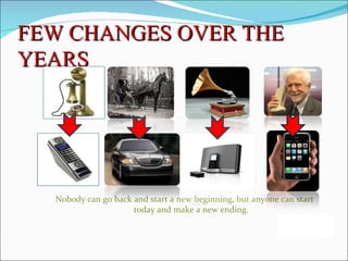 FEW CHANGES OVER THE
YEARS




  Nobody can go back and start a new beginning, but anyone can start
                     today and make a new ending.
 