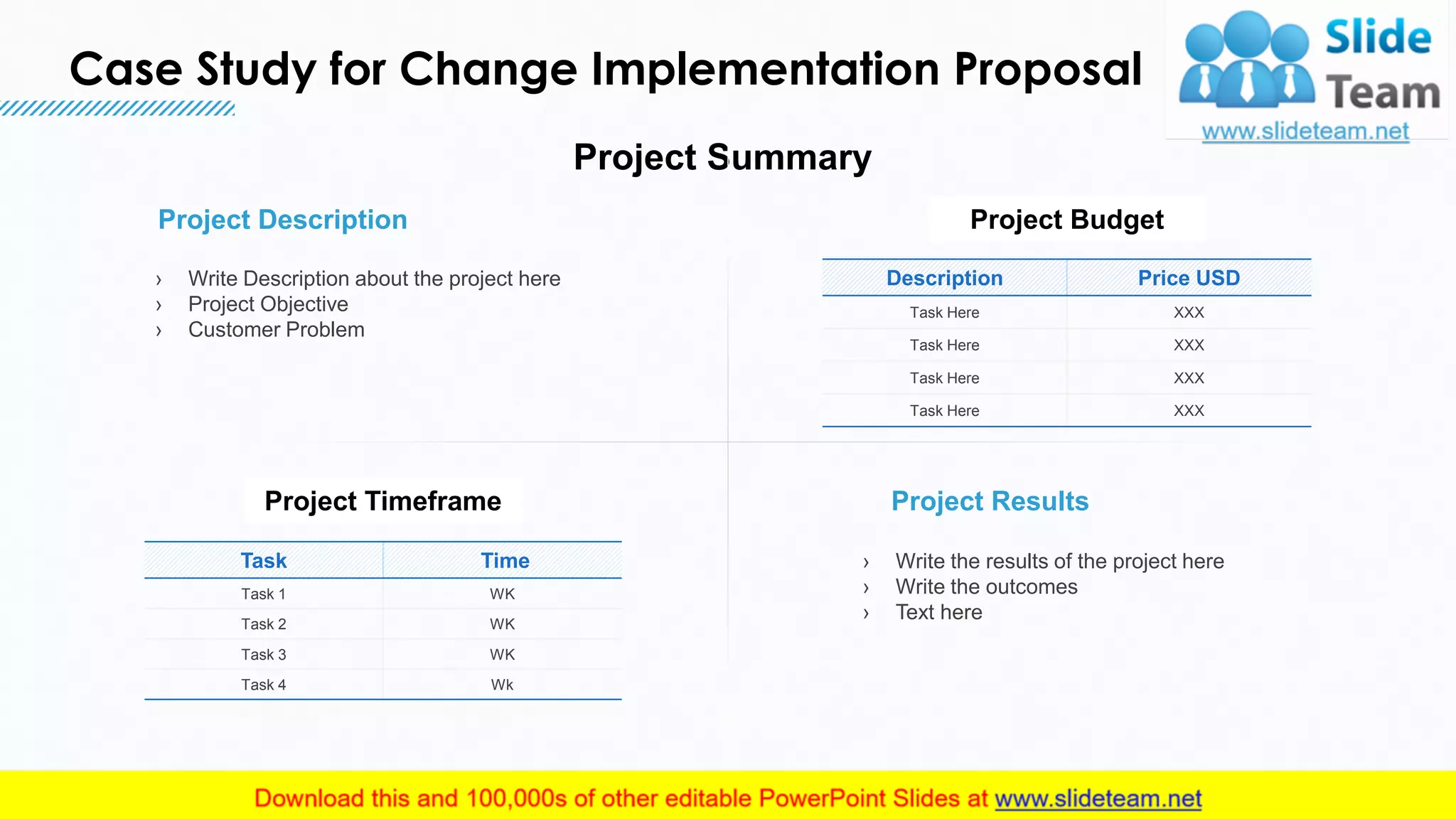 Case Study for Change Implementation Proposal
12
Project Summary
› Write Description about the project here
› Project Objective
› Customer Problem
› Write the results of the project here
› Write the outcomes
› Text here
Project BudgetProject Description
Project ResultsProject Timeframe
Description Price USD
Task Here XXX
Task Here XXX
Task Here XXX
Task Here XXX
Task Time
Task 1 WK
Task 2 WK
Task 3 WK
Task 4 Wk
This slide is 100% editable. Adapt it to your needs and capture your audience's attention.
 