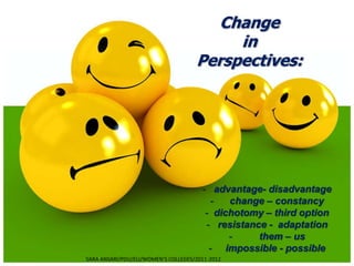 Change
                                          in
                                     Perspectives:




                                       - advantage- disadvantage
                                         -   change – constancy
                                        - dichotomy – third option
                                        - resistance - adaptation
                                             -     them – us
                                         - impossible - possible
SARA ANSARI/PDU/ELI/WOMEN‘S COLLEGES/2011-2012
 