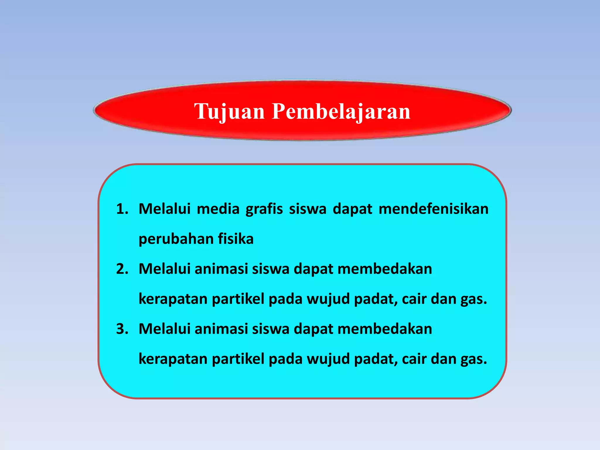 Tujuan Pembelajaran
1. Melalui media grafis siswa dapat mendefenisikan
perubahan fisika
2. Melalui animasi siswa dapat membedakan
kerapatan partikel pada wujud padat, cair dan gas.
3. Melalui animasi siswa dapat membedakan
kerapatan partikel pada wujud padat, cair dan gas.
 