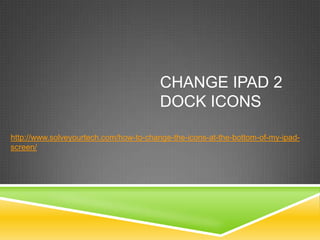 CHANGE IPAD 2
                                        DOCK ICONS

http://www.solveyourtech.com/how-to-change-the-icons-at-the-bottom-of-my-ipad-
screen/
 