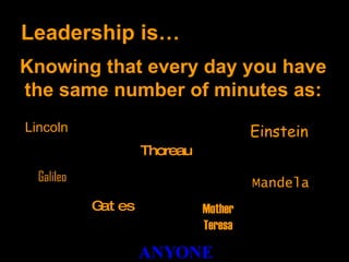 Leadership is… Knowing that every day you have the same number of minutes as: Lincoln Einstein Thoreau Galileo Mandela Gates Mother Teresa ANYONE 