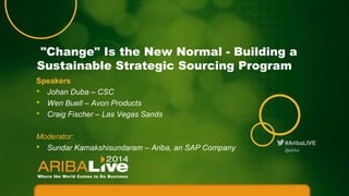 "Change" Is the New Normal - Building a
Sustainable Strategic Sourcing Program
Speakers
• Johan Duba – CSC
• Wen Buell – Avon Products
• Craig Fischer – Las Vegas Sands
Moderator:
• Sundar Kamakshisundaram – Ariba, an SAP Company

#AribaLIVE
@ariba

 