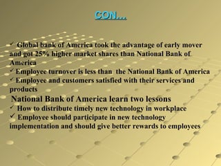 CON…
Global bank of America took the advantage of early mover
and got 25% higher market shares than National Bank of
America
 Employee turnover is less than the National Bank of America
 Employee and customers satisfied with their services and
products


National Bank of America learn two lessons
How to distribute timely new technology in workplace
 Employee should participate in new technology
implementation and should give better rewards to employees


 