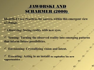 JAWORSKI AND
SCHARMER (2000)
Identified Core Practices for success within this emergent view
of change.


Observing: Seeing reality with new eyes.

 Sensing: Turning the observed reality into emerging patterns
that inform future possibilities.
 Envisioning: Crystallizing vision and intent.
 Executing: Acting in an instant to capitalize on new
opportunities

 