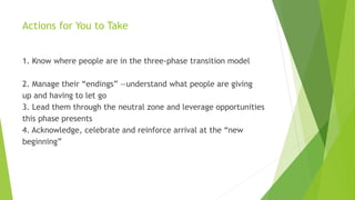 Actions for You to Take
1. Know where people are in the three-phase transition model
2. Manage their “endings” —understand what people are giving
up and having to let go
3. Lead them through the neutral zone and leverage opportunities
this phase presents
4. Acknowledge, celebrate and reinforce arrival at the “new
beginning”
 