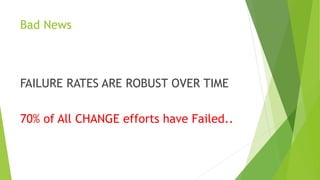 Bad News
FAILURE RATES ARE ROBUST OVER TIME
70% of All CHANGE efforts have Failed..
 