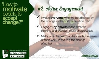 “How to

motivate

people to
accept
change?”

#2. Active Engagement
ü  Involve everyone who will be affected by
the change in the communication plan

ü  Engage key players in the creative

thinking and decision-making processes

ü  Make sure the team understands the value
of their work in making the change
effective

Get more tips and resources:

© 2014 Extracted from “What Bosses Want – A Guide to Building Leadership Competencies”
2nd Edition by Gary & Bonnie Nelson, NBOGroup Ltd. All Rights Reserved.

g

 
