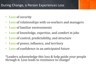 During Change, a Person Experiences Loss
• Loss of security
• Loss of relationships with co-workers and managers
• Loss of...